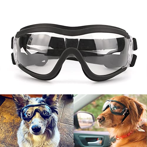 Dog Sunglasses Medium to Large Dog UV Transparent Goggles Windproof Anti-Dust Snowproof Pet Glasses with Elastic Straps, Clear