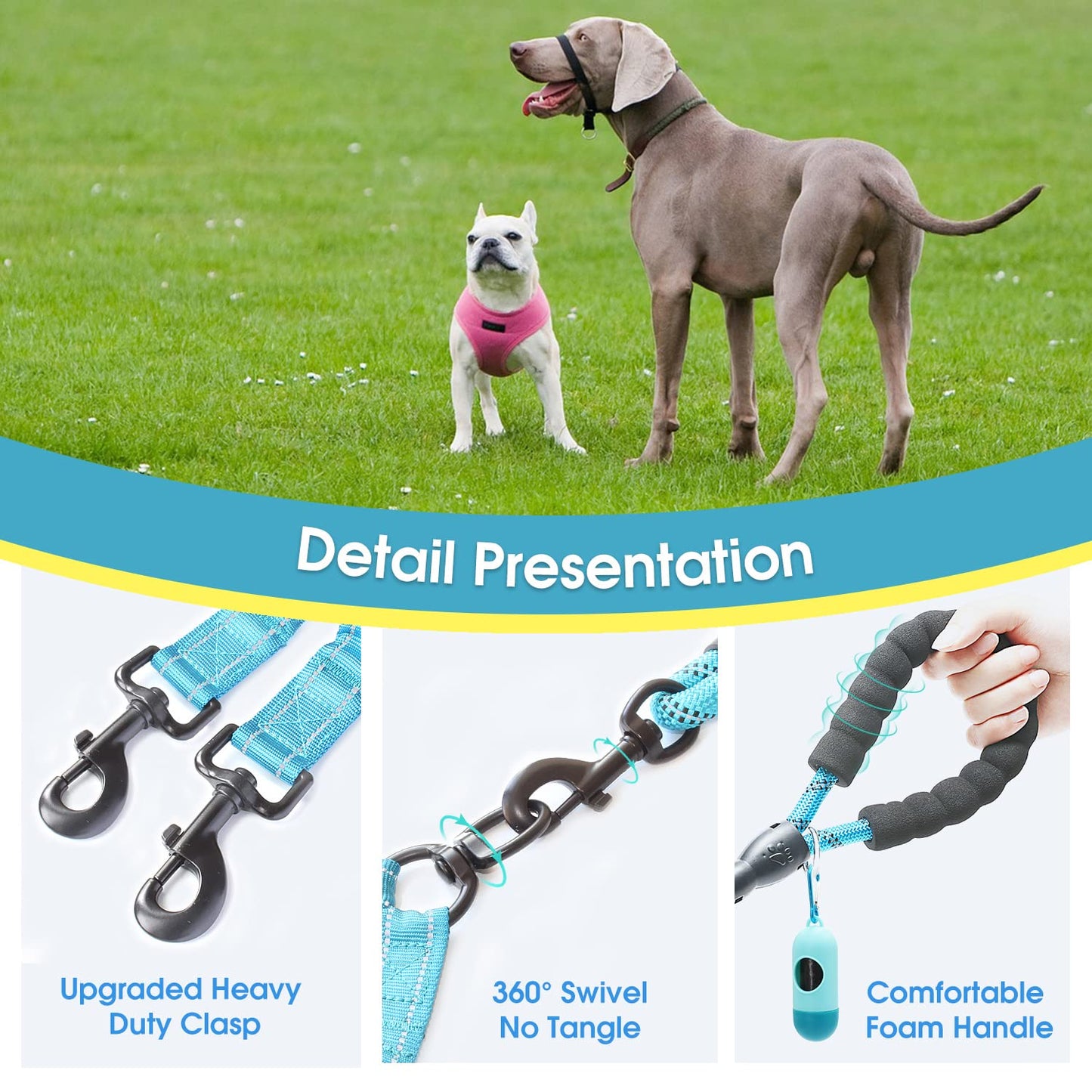 Double Dog Leash, 4 FT Rope Dog Leash with Tangle Free Shock Absorbing Bungee and Poop Bags for Dual Small Medium Large Dogs (Medium/Large, Blue)