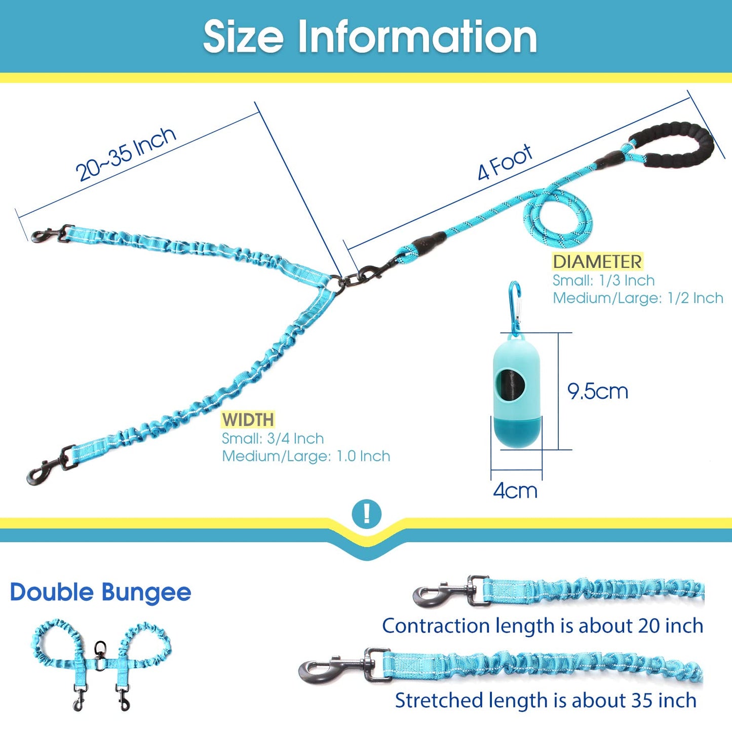 Double Dog Leash, 4 FT Rope Dog Leash with Tangle Free Shock Absorbing Bungee and Poop Bags for Dual Small Medium Large Dogs (Medium/Large, Blue)