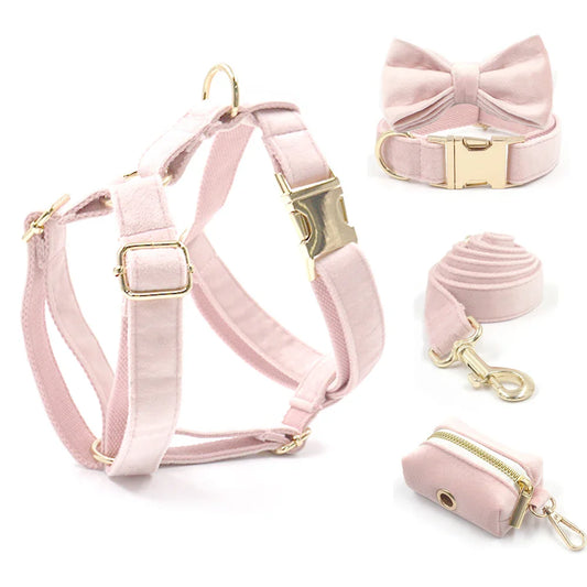 Pawadiz Pink Velvet Dog Harness, Collar, Leash, and Bowtie Set: The Perfect Look for Your Pampered Pup