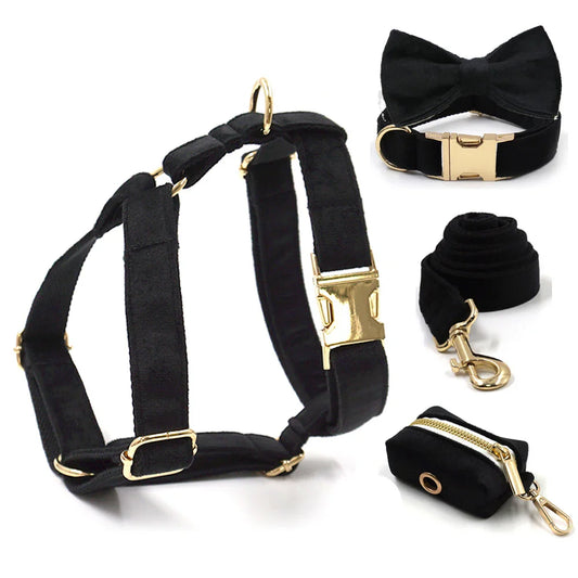 Pawadiz Black Velvet Dog Harness, Collar, Leash, and Bowtie Set: Sophisticated Style for Your Pup