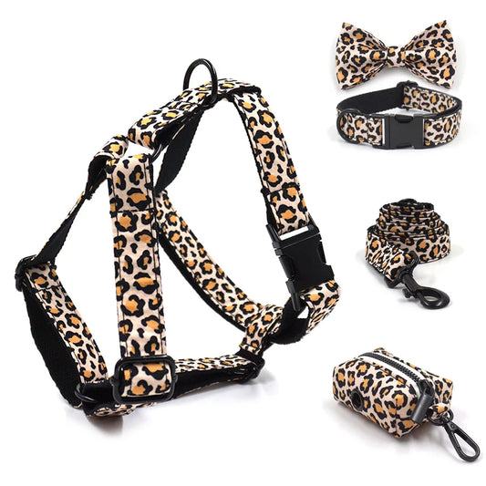 Pawadiz Leopard Print Dog Harness, Collar, and Leash Set with Bowtie: Unleash Your Wild Side
